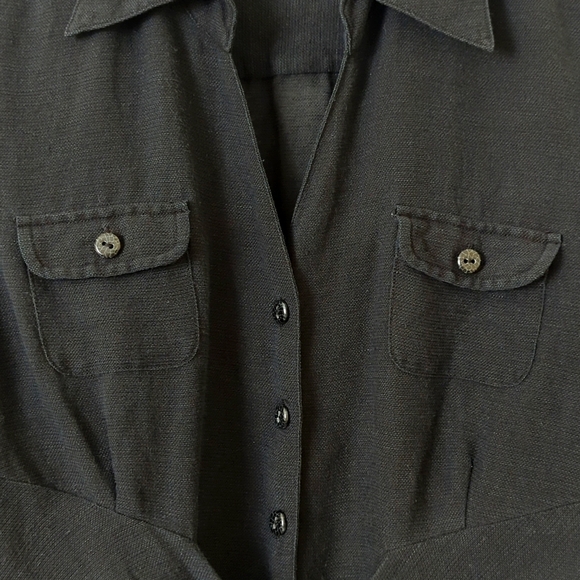 Nic + Zoe Silk & Linen Blend Quarter Sleeve Button Down Tie Front Top Black SP - Picture 6 of 11